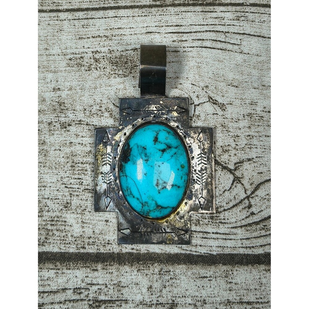 Native American Navajo Silver 925 And Turquoise Large Pendant